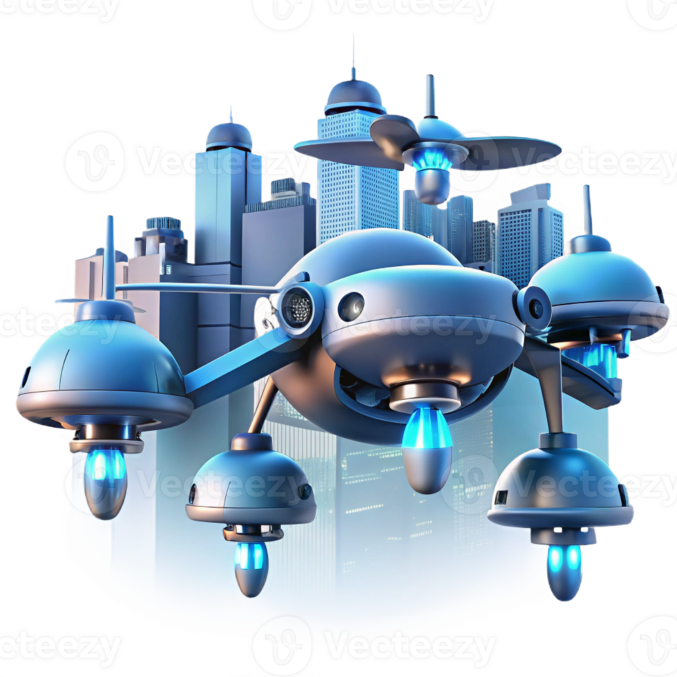 serene abstract A group of drones flying in formation, city lights below, futuristic style high resolution png
