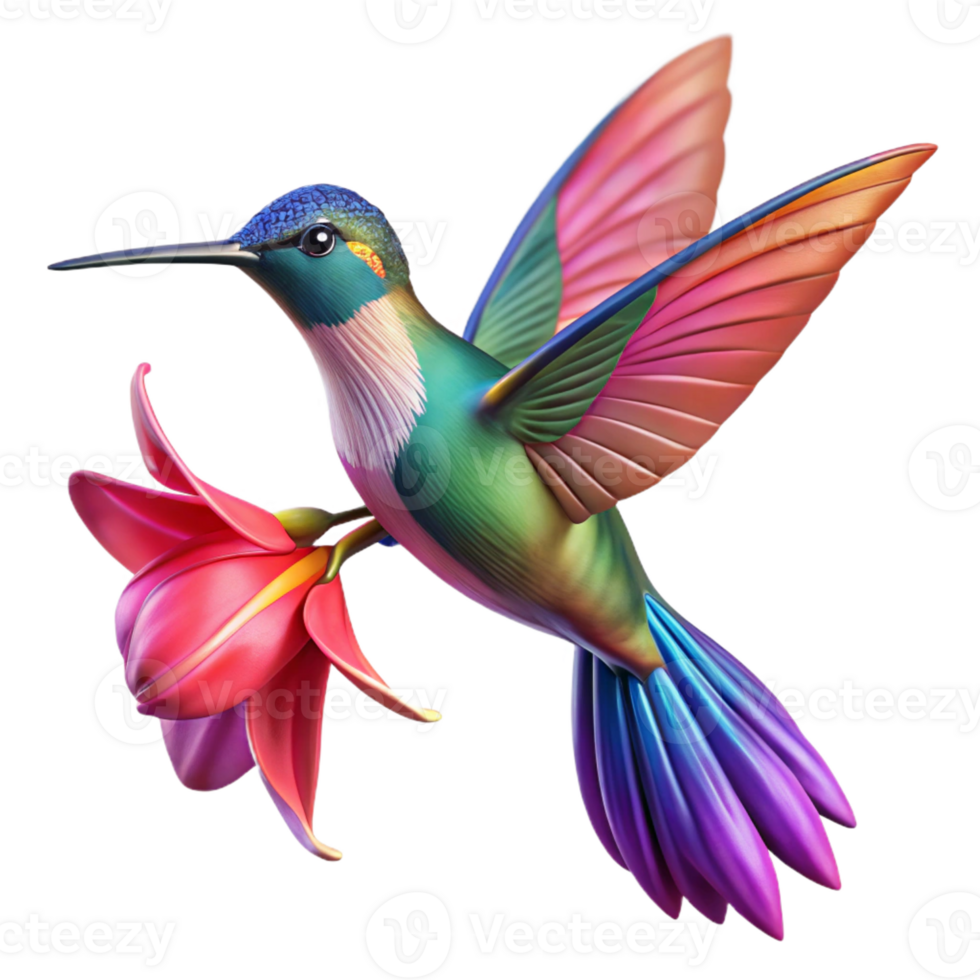 magnificent abstract A vibrant hummingbird hovering near a fuchsia flower, its iridescent feathers catching the light, in a highly detailed macro photography style original png