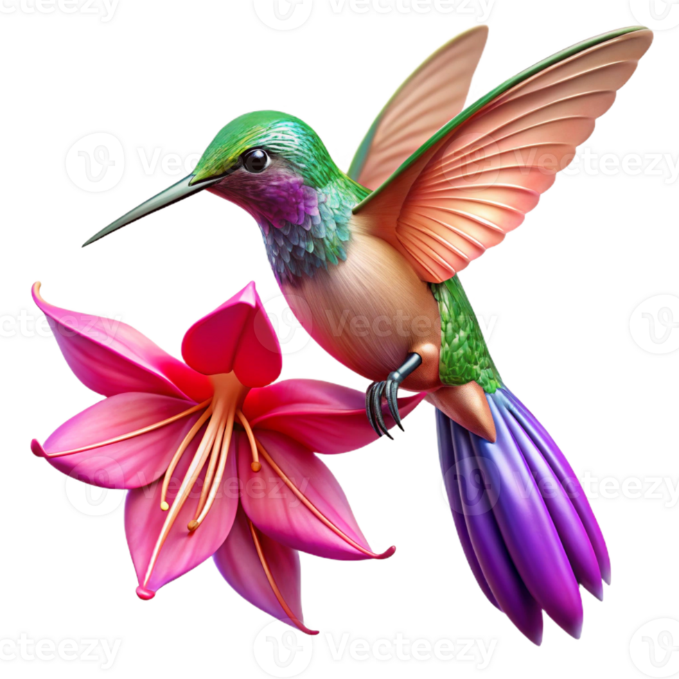 beautiful rustic A vibrant hummingbird hovering near a fuchsia flower, its iridescent feathers catching the light, in a highly detailed macro photography style professional png