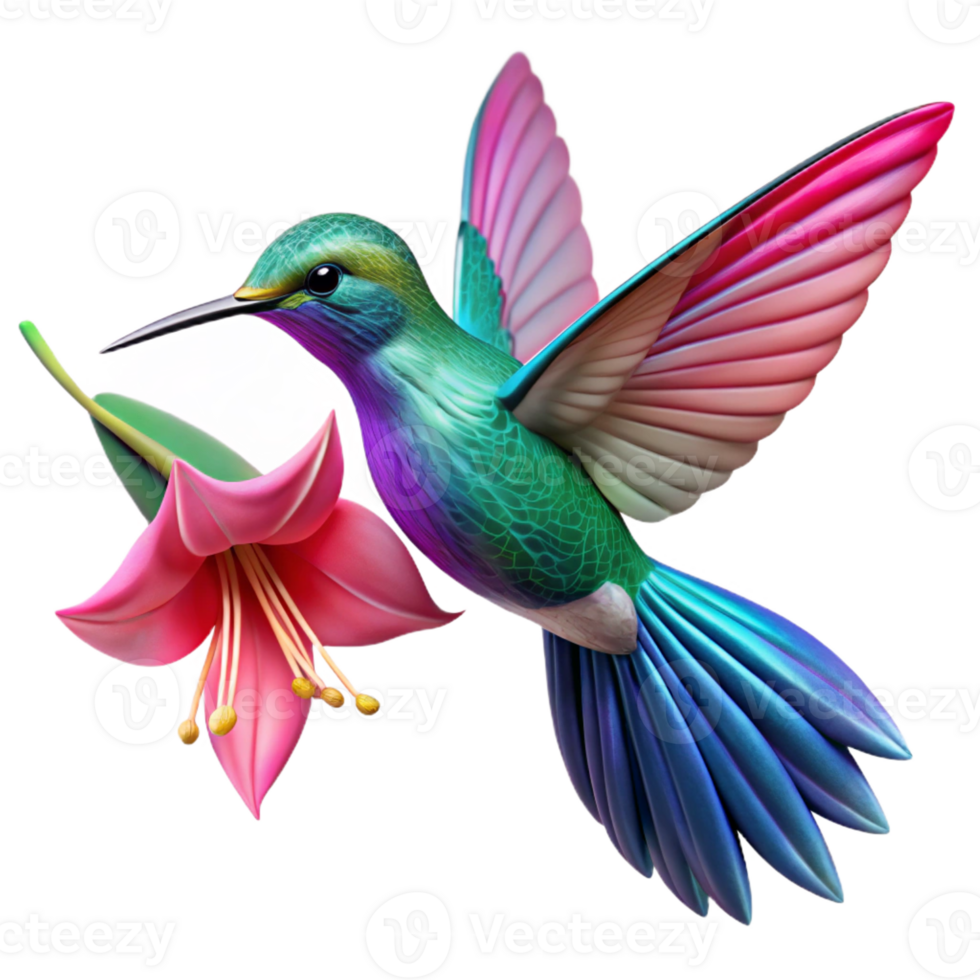 magnificent abstract A vibrant hummingbird hovering near a fuchsia flower, its iridescent feathers catching the light, in a highly detailed macro photography style authentic png