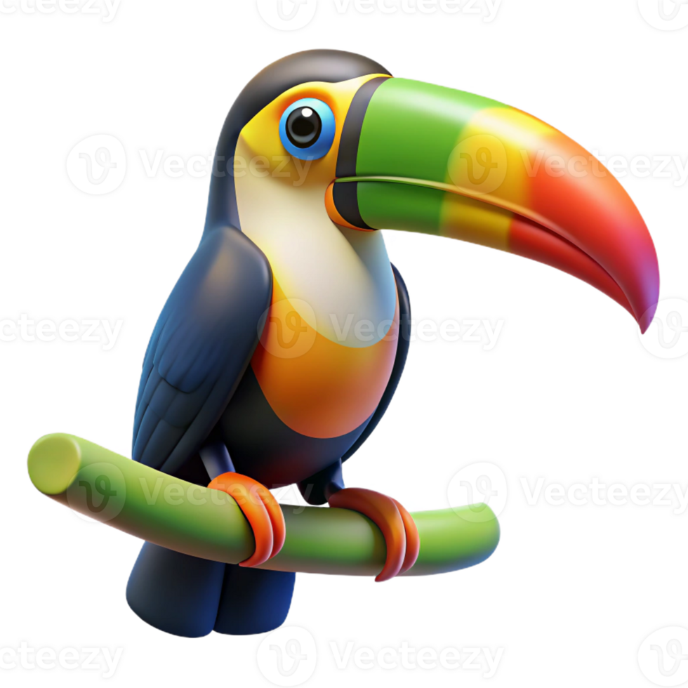 stunning contemporary A colorful toucan perched on a branch in a tropical rainforest, its large beak a striking feature, in a vibrant, illustrative style detailed png
