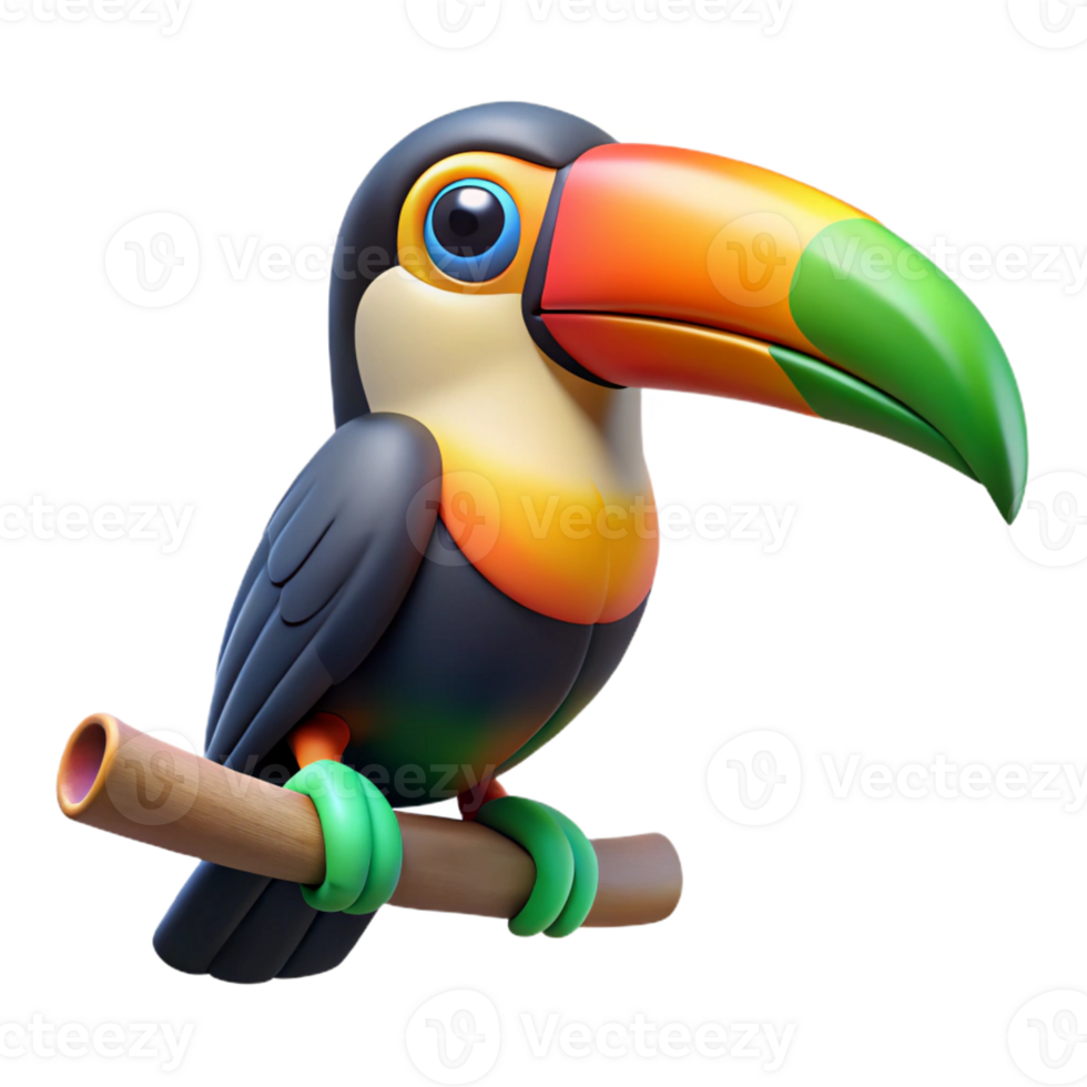 wonderful vintage A colorful toucan perched on a branch in a tropical rainforest, its large beak a striking feature, in a vibrant, illustrative style detailed png