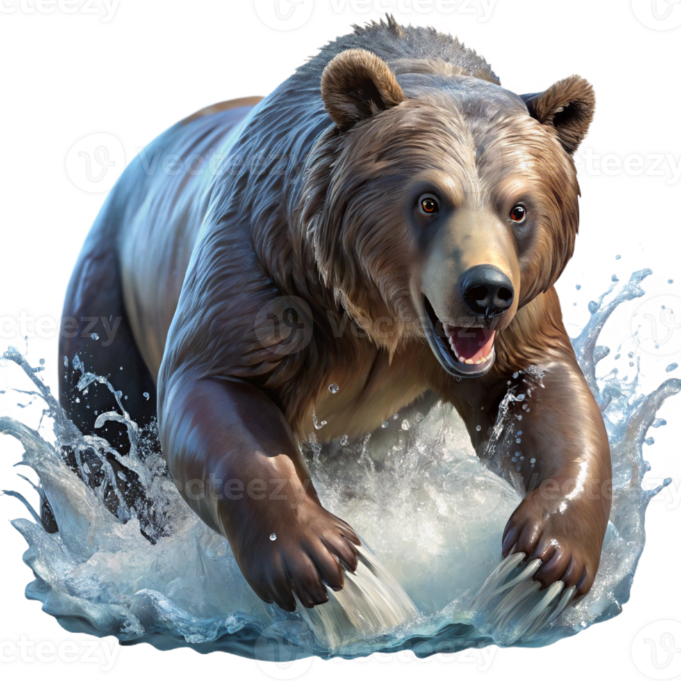 serene traditional A powerful grizzly bear fishing for salmon in a rushing river, spray from the water creating a misty atmosphere, in a dynamic, wildlife photography style high resolution png