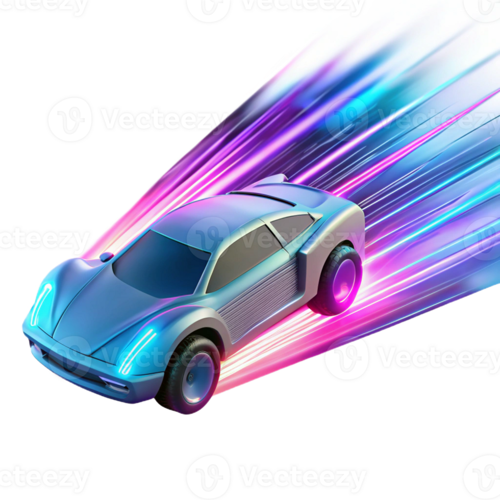 wonderful contemporary A futuristic vehicle speeding through a digital landscape, trails of light streaking behind it, illuminated by neon pink and blue lights, rendered in a dynamic style detailed png