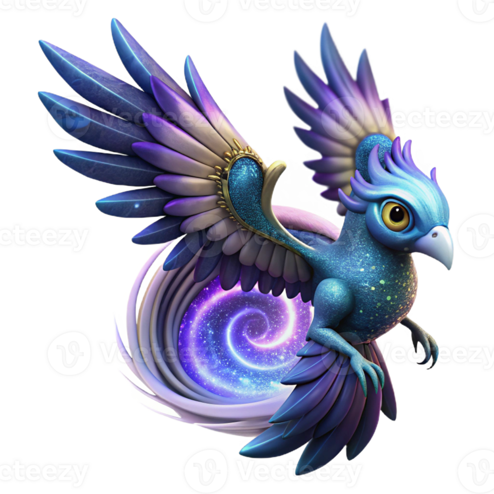 A genetically engineered creature with vibrant, feathered wings and glowing eyes, soaring through a swirling vortex of nebulae. Ethereal, dreamlike lighting. Fantasy art style png