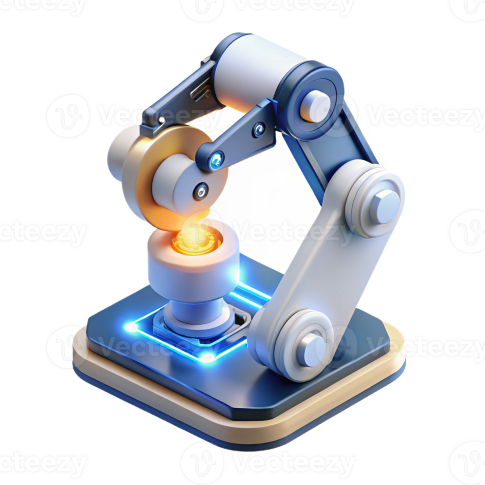 dramatic modern A robotic arm assembling a complex circuit board, illuminated by a focused white light from above, rendered in a photorealistic style premium png