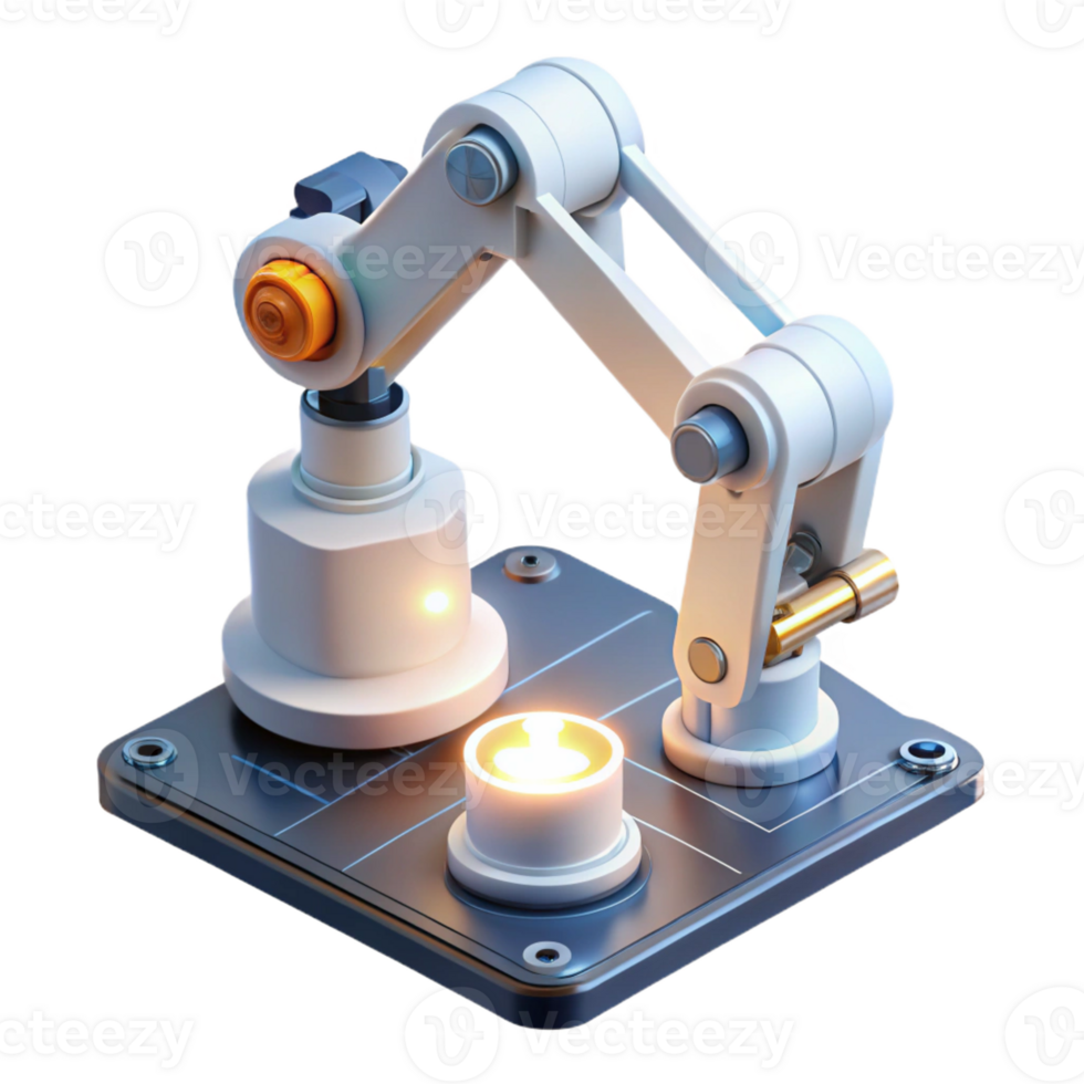 magnificent contemporary A robotic arm assembling a complex circuit board, illuminated by a focused white light from above, rendered in a photorealistic style authentic png