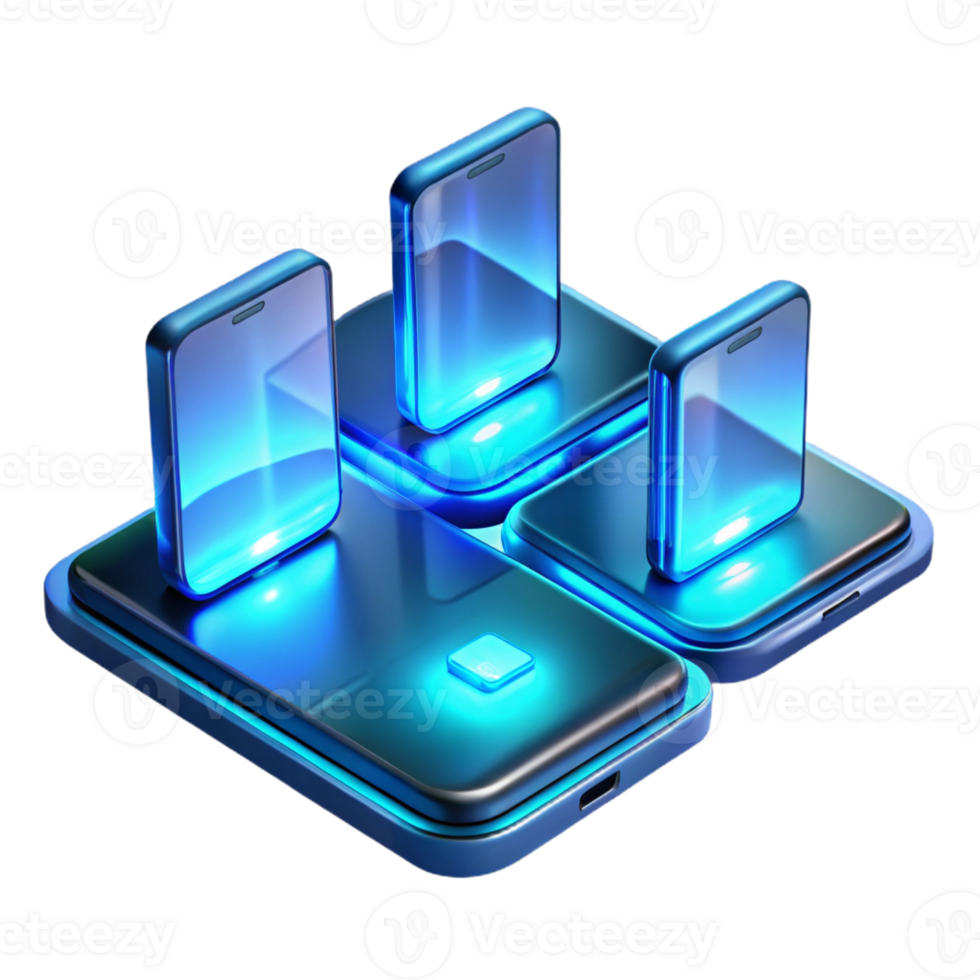magnificent artistic A group of futuristic, sleek smartphones displaying holographic interfaces, illuminated by cool blue light, rendered in a minimalist style high quality png