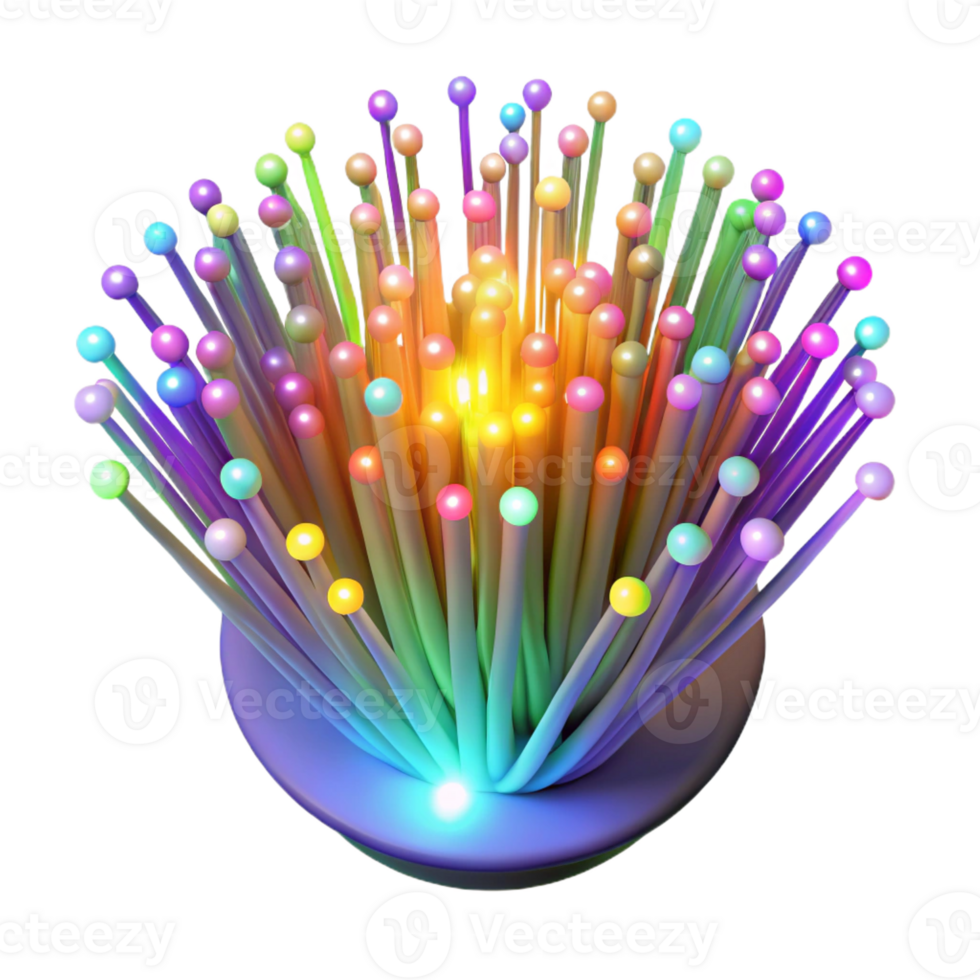 vibrant minimalist A network of fiber optic cables, pulsing with data, illuminated by multicolored lights, rendered in an abstract style genuine png
