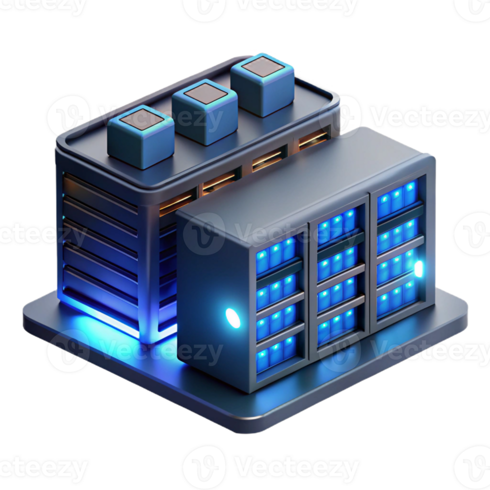 magnificent abstract A server room filled with blinking lights and humming servers, illuminated by a cool blue light, rendered in a realistic style high quality png