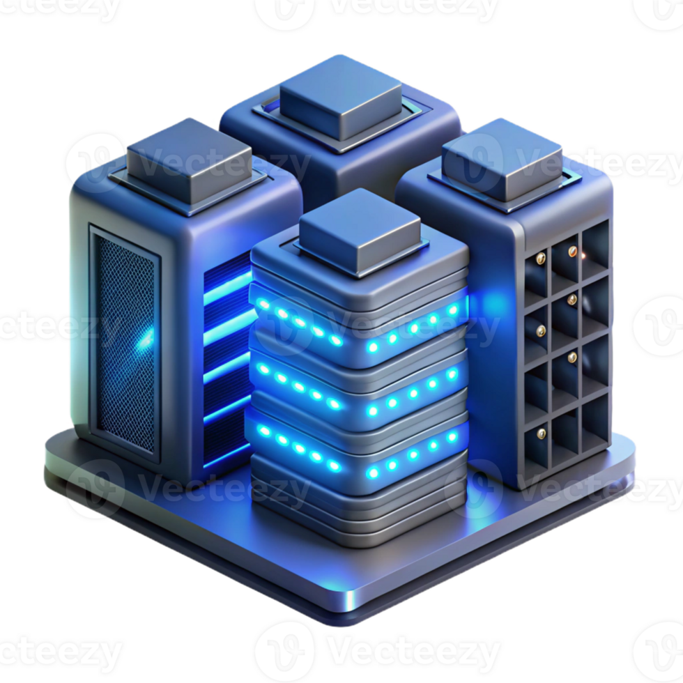 extraordinary artistic A server room filled with blinking lights and humming servers, illuminated by a cool blue light, rendered in a realistic style professional png