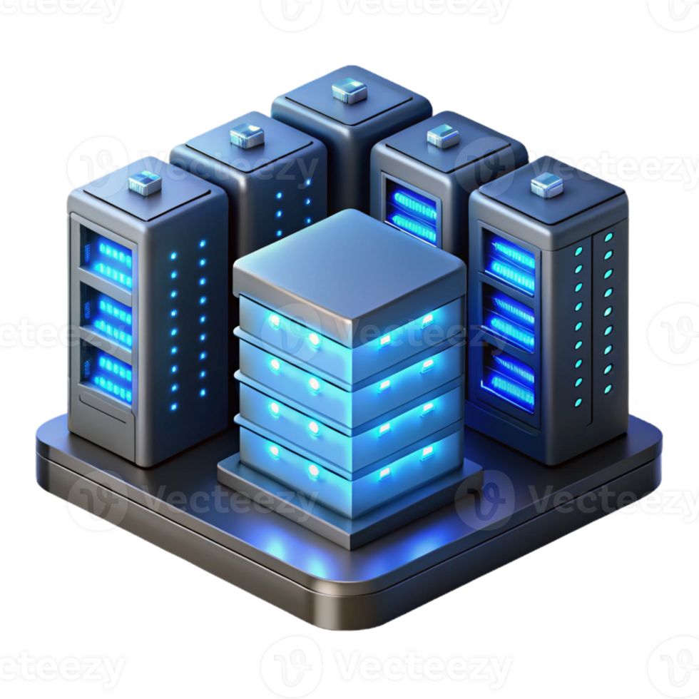 stunning abstract A server room filled with blinking lights and humming servers, illuminated by a cool blue light, rendered in a realistic style authentic png