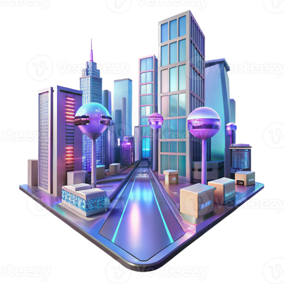 impressive abstract A futuristic city street scene, holographic advertisements floating in the air, illuminated by neon lights, rendered in a cyberpunk style exclusive png