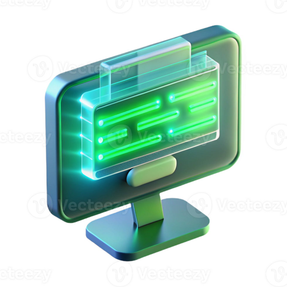 elegant modern A floating, transparent computer screen displaying complex code, illuminated by a cool green light, rendered in a futuristic style authentic png
