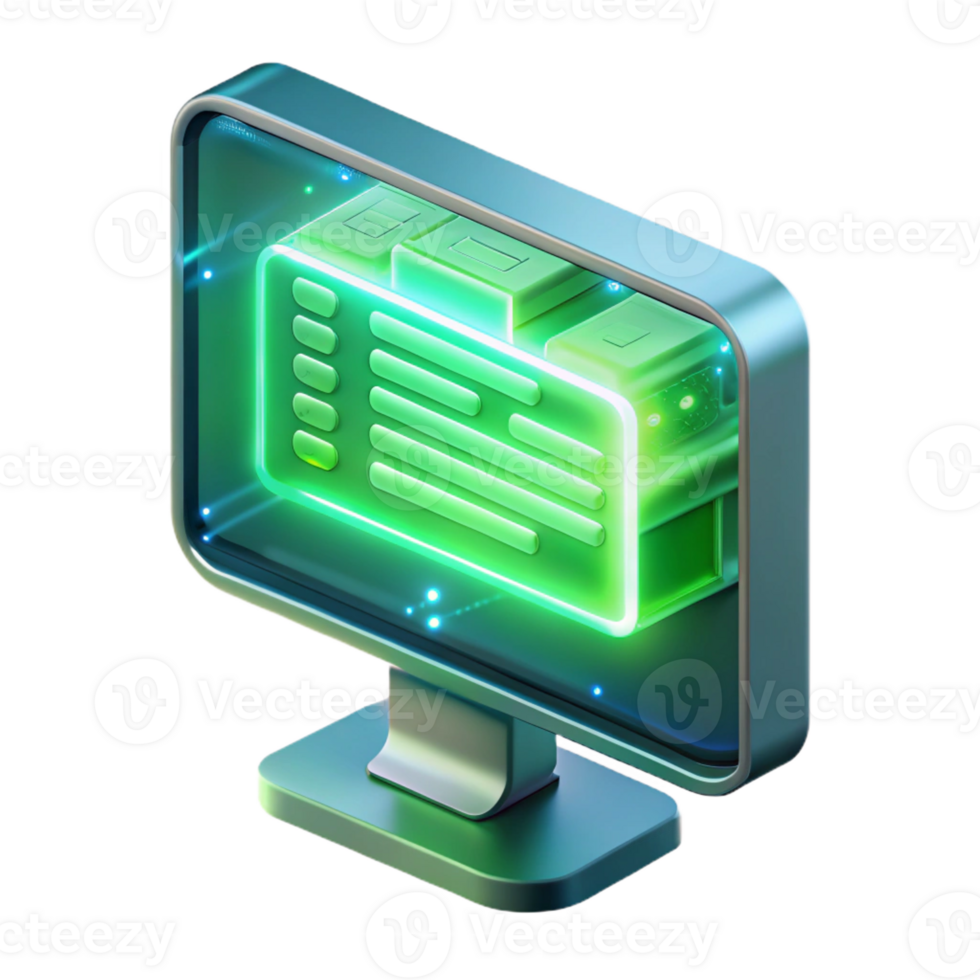 dramatic creative A floating, transparent computer screen displaying complex code, illuminated by a cool green light, rendered in a futuristic style original png