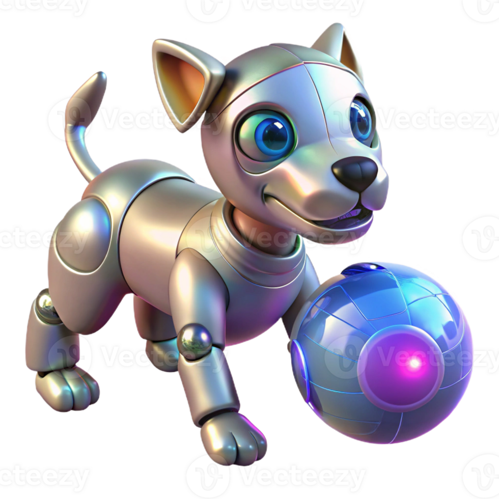 impressive contemporary A robotic dog interacting with a holographic ball, illuminated by a warm, inviting light, rendered in a photorealistic style authentic png