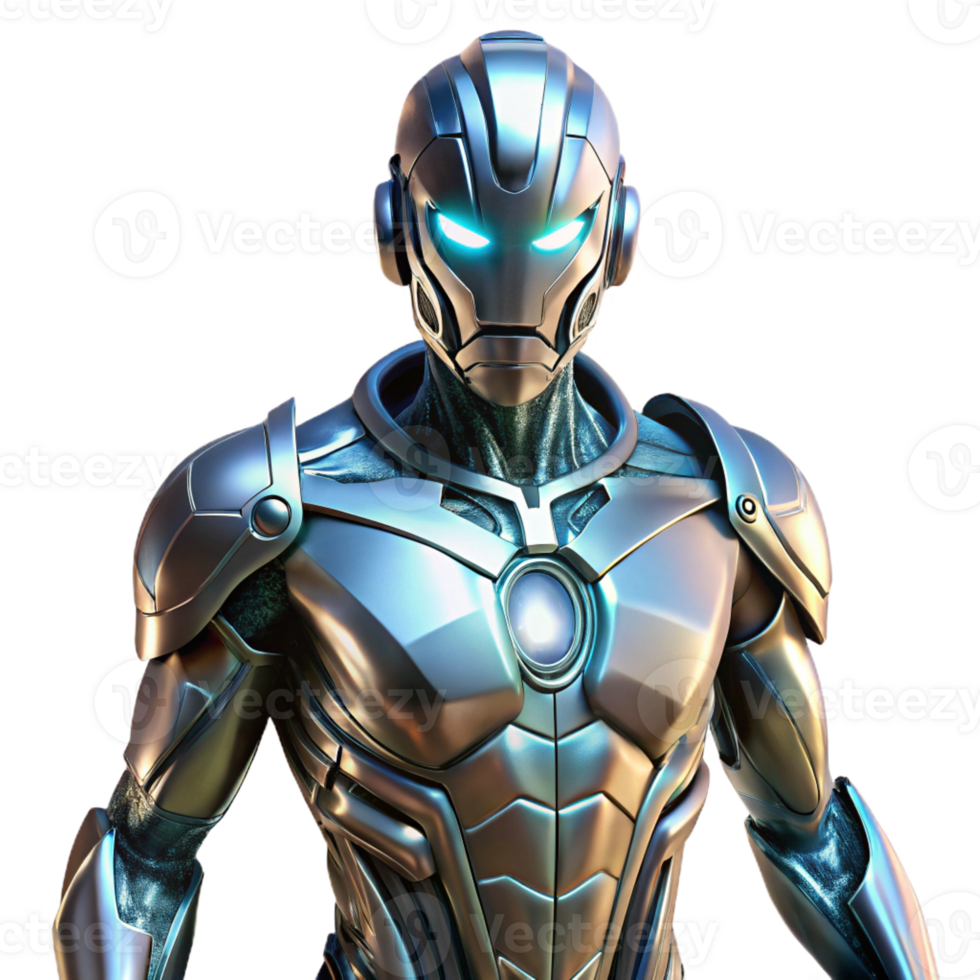 magnificent minimalist A futuristic exoskeleton suit, its metallic surfaces gleaming, illuminated by a spotlight, rendered in a sci-fi style professional png