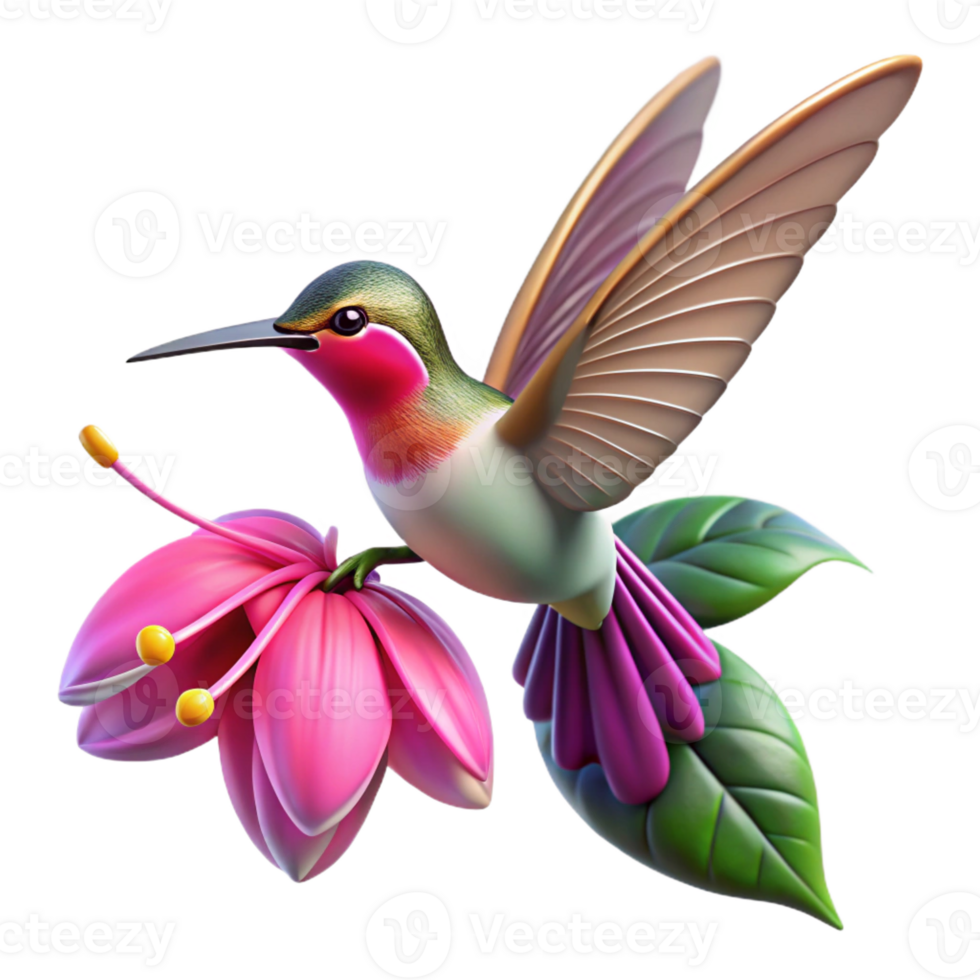 extraordinary modern A tiny hummingbird hovering near a vibrant fuchsia flower, captured in macro photography with a shallow depth of field. Sparkling bokeh effect. Art style photorealistic authentic png
