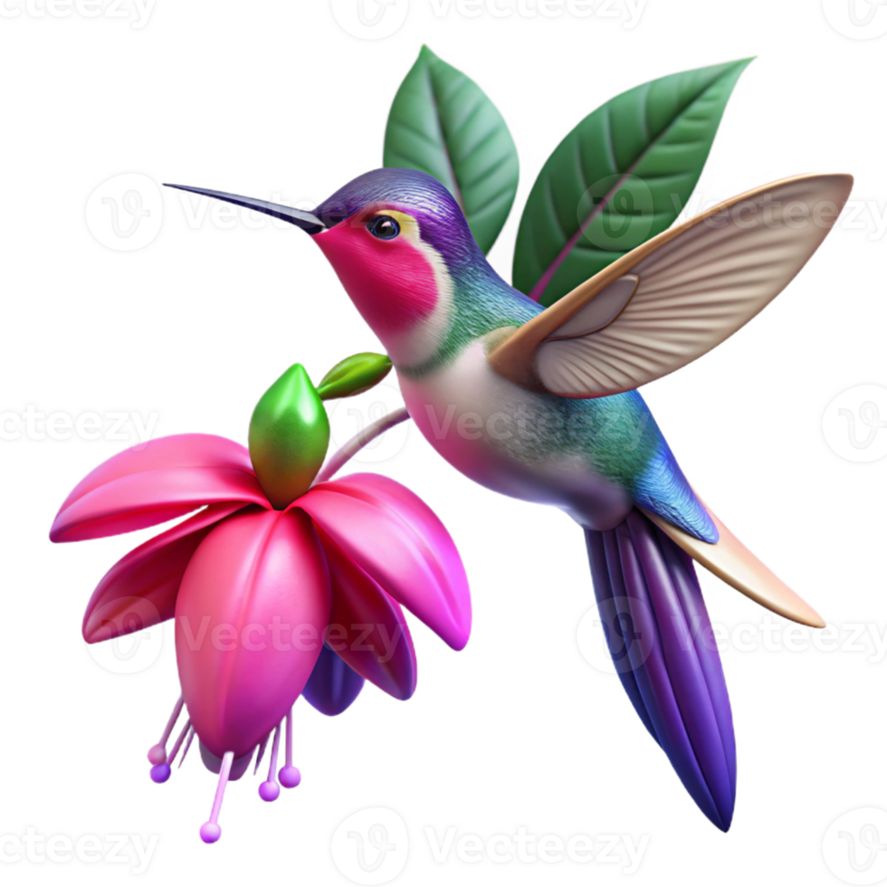 dramatic minimalist A tiny hummingbird hovering near a vibrant fuchsia flower, captured in macro photography with a shallow depth of field. Sparkling bokeh effect. Art style photorealistic original png