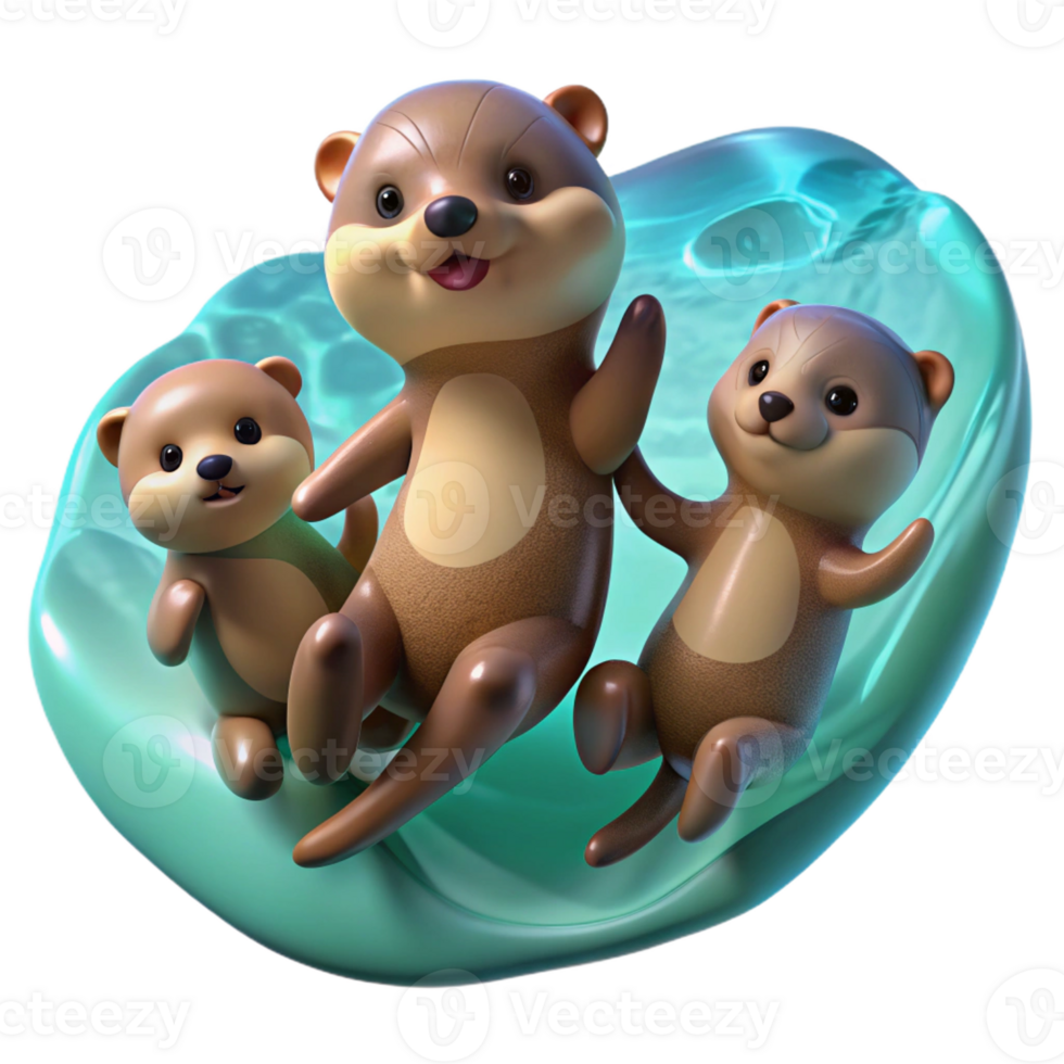 elegant minimalist A playful family of otters holding hands, floating on their backs in crystal-clear turquoise water. Sunlight streams through the surface. Art style whimsical premium png