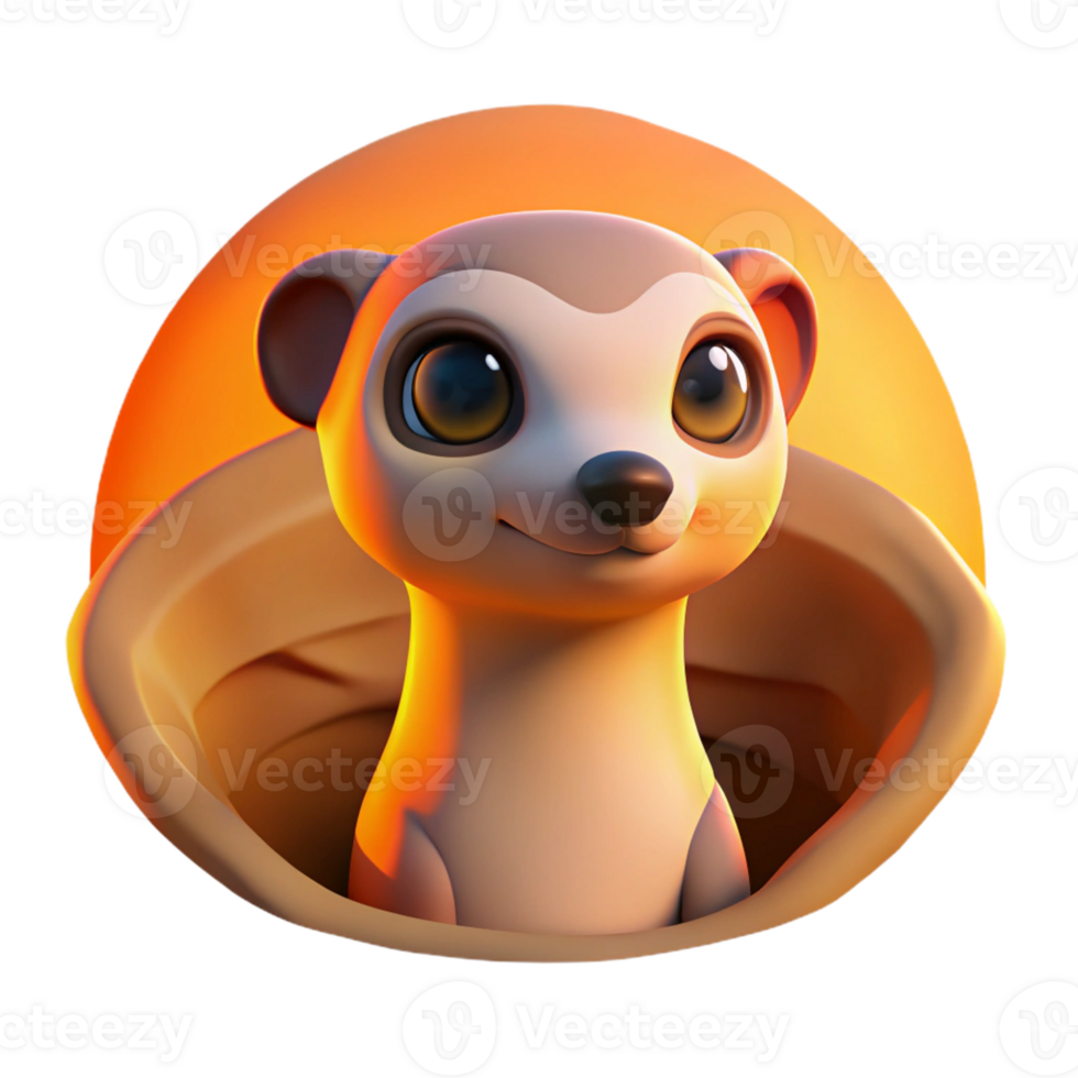 dramatic creative A curious meerkat peeking out from its burrow, bathed in the warm glow of the morning sun. Art style cartoonish exclusive png