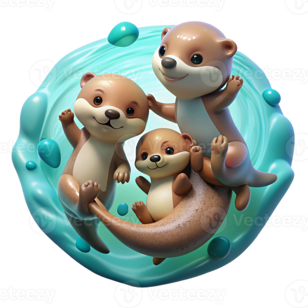 vibrant modern A playful family of otters holding hands, floating on their backs in crystal-clear turquoise water. Sunlight streams through the surface. Art style whimsical professional png