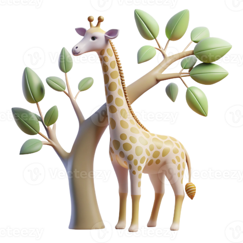 wonderful contemporary A graceful giraffe reaching for the highest leaves on a tree, with a dreamy, pastel color palette. Art style art nouveau professional png