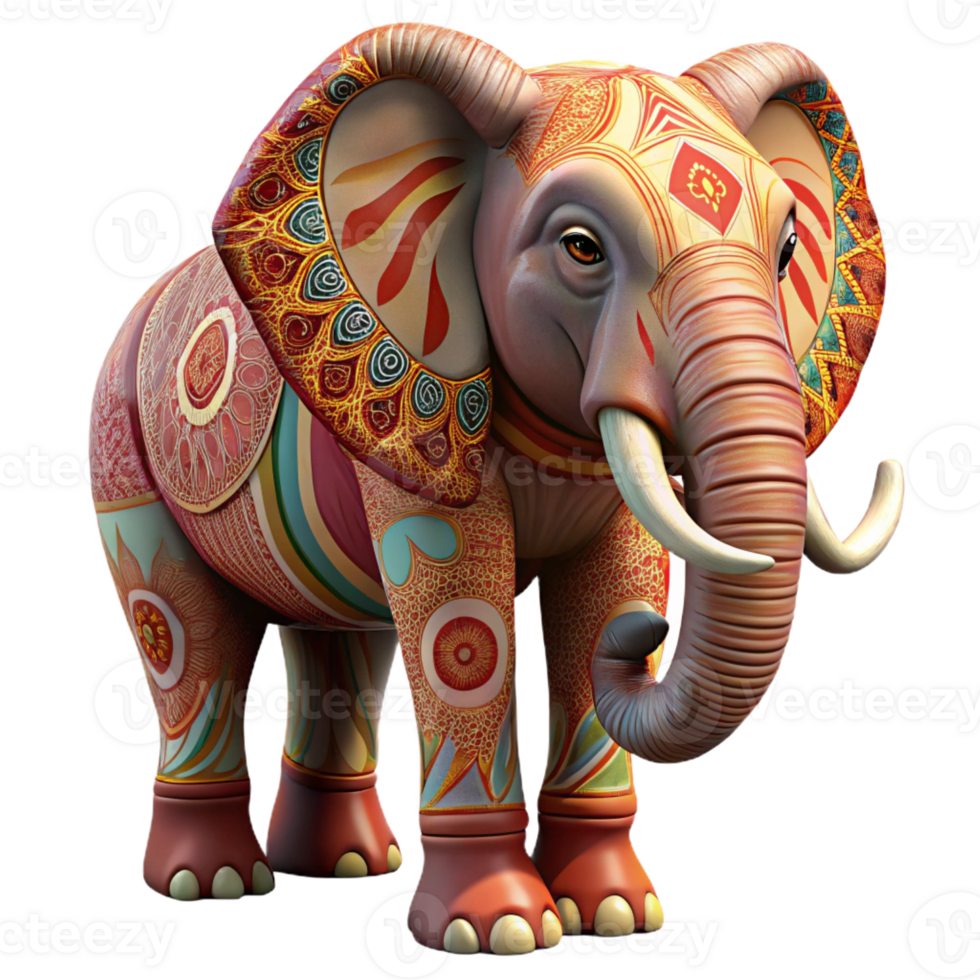 extraordinary artistic A regal African elephant with intricate tribal patterns painted on its skin, standing proudly beneath a fiery sunset. Art style painterly original png