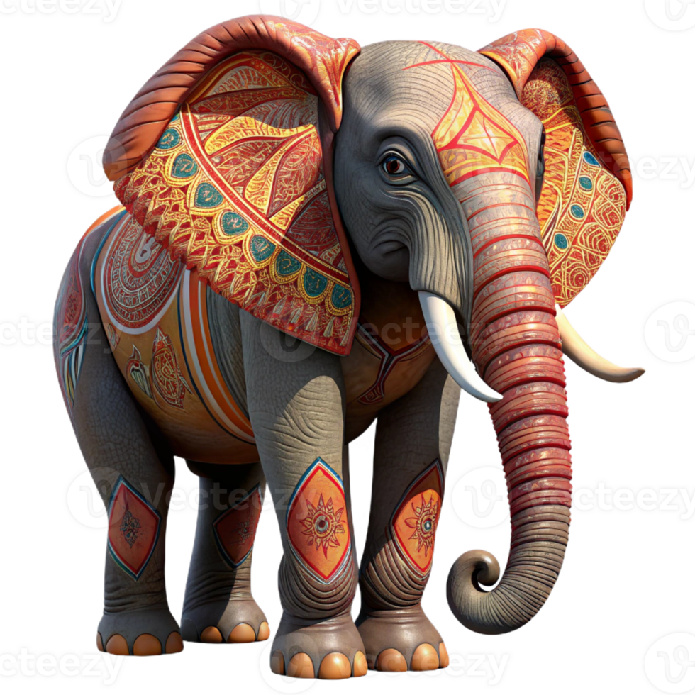 serene traditional A regal African elephant with intricate tribal patterns painted on its skin, standing proudly beneath a fiery sunset. Art style painterly high quality png