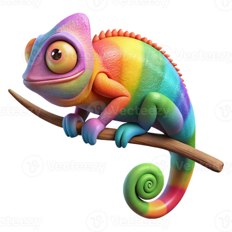 magnificent classic A vibrant chameleon perched on a branch, displaying a rainbow of colors against a backdrop of lush green leaves. Art style vibrant original png