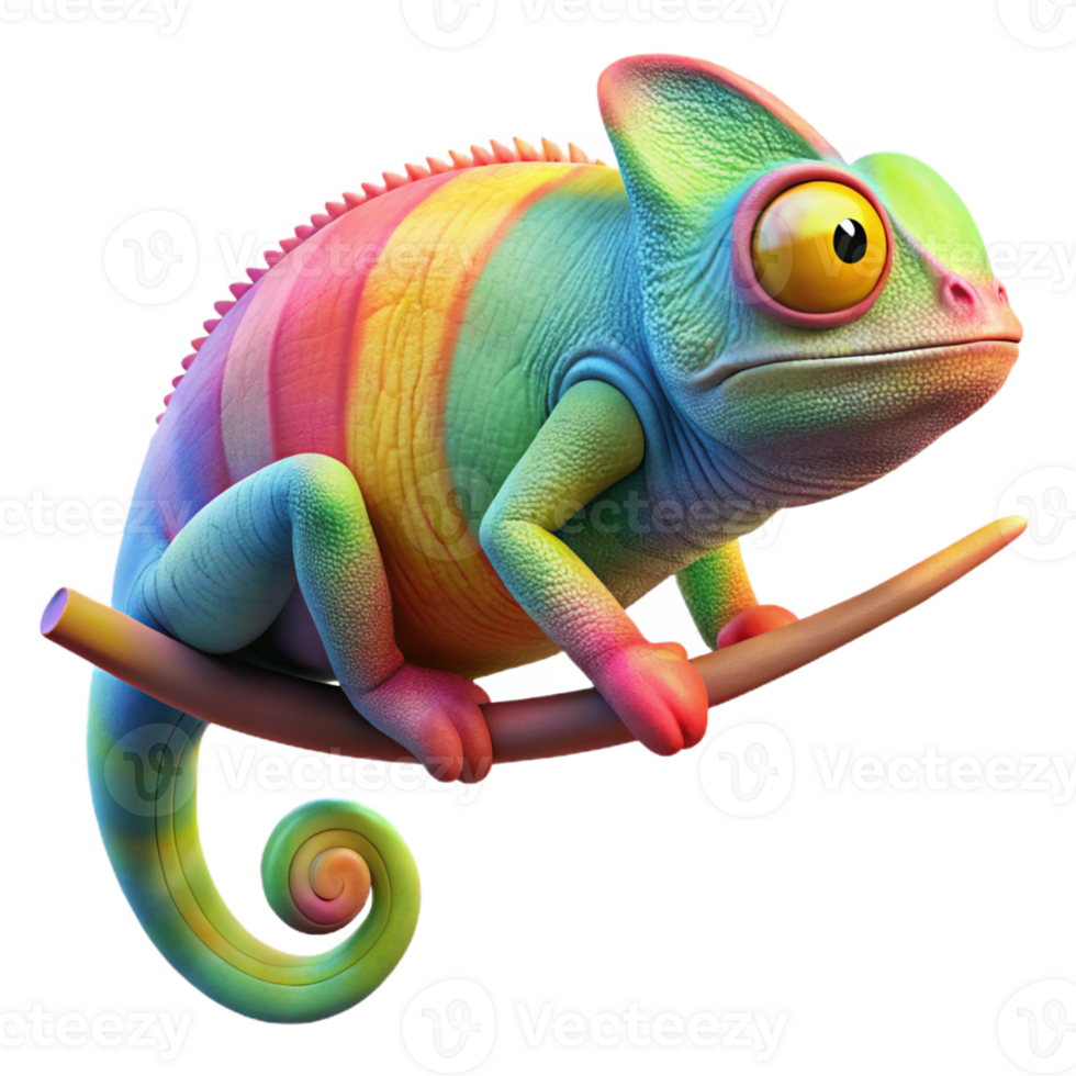 elegant minimalist A vibrant chameleon perched on a branch, displaying a rainbow of colors against a backdrop of lush green leaves. Art style vibrant high quality png