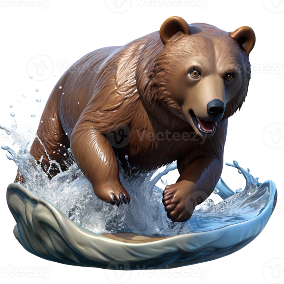 dramatic creative A powerful grizzly bear fishing for salmon in a rushing river, depicted in a dynamic action pose. Art style realistic premium png