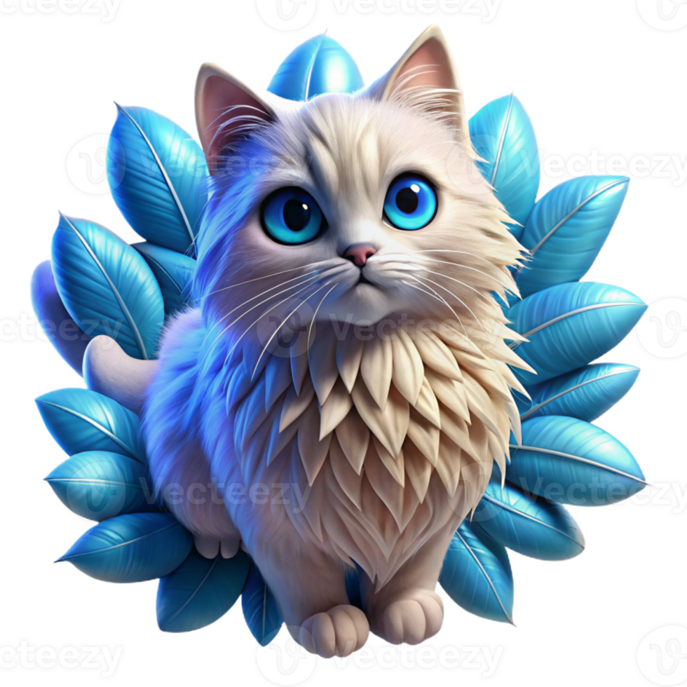 wonderful modern A fluffy Persian cat with piercing blue eyes, surrounded by floating feathers. Art style ethereal 4K png