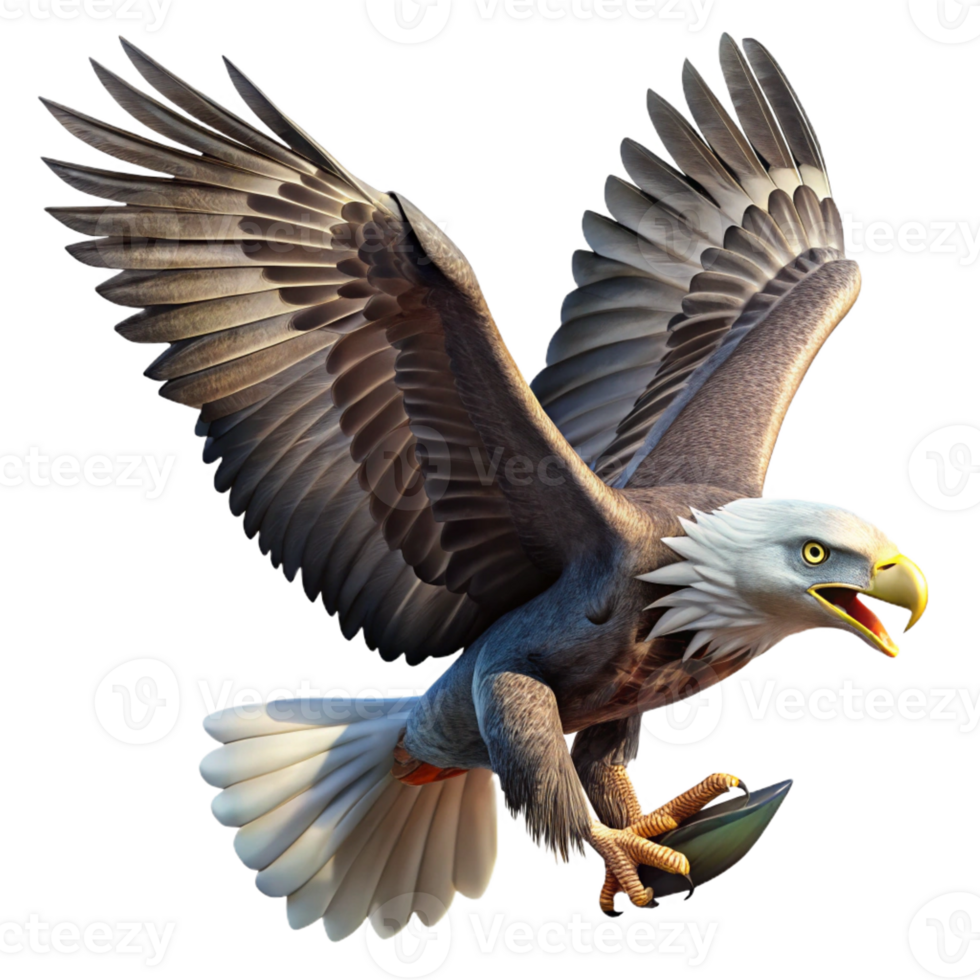 beautiful traditional A majestic bald eagle soaring through the sky, clutching a fish in its talons. Art style powerful detailed png