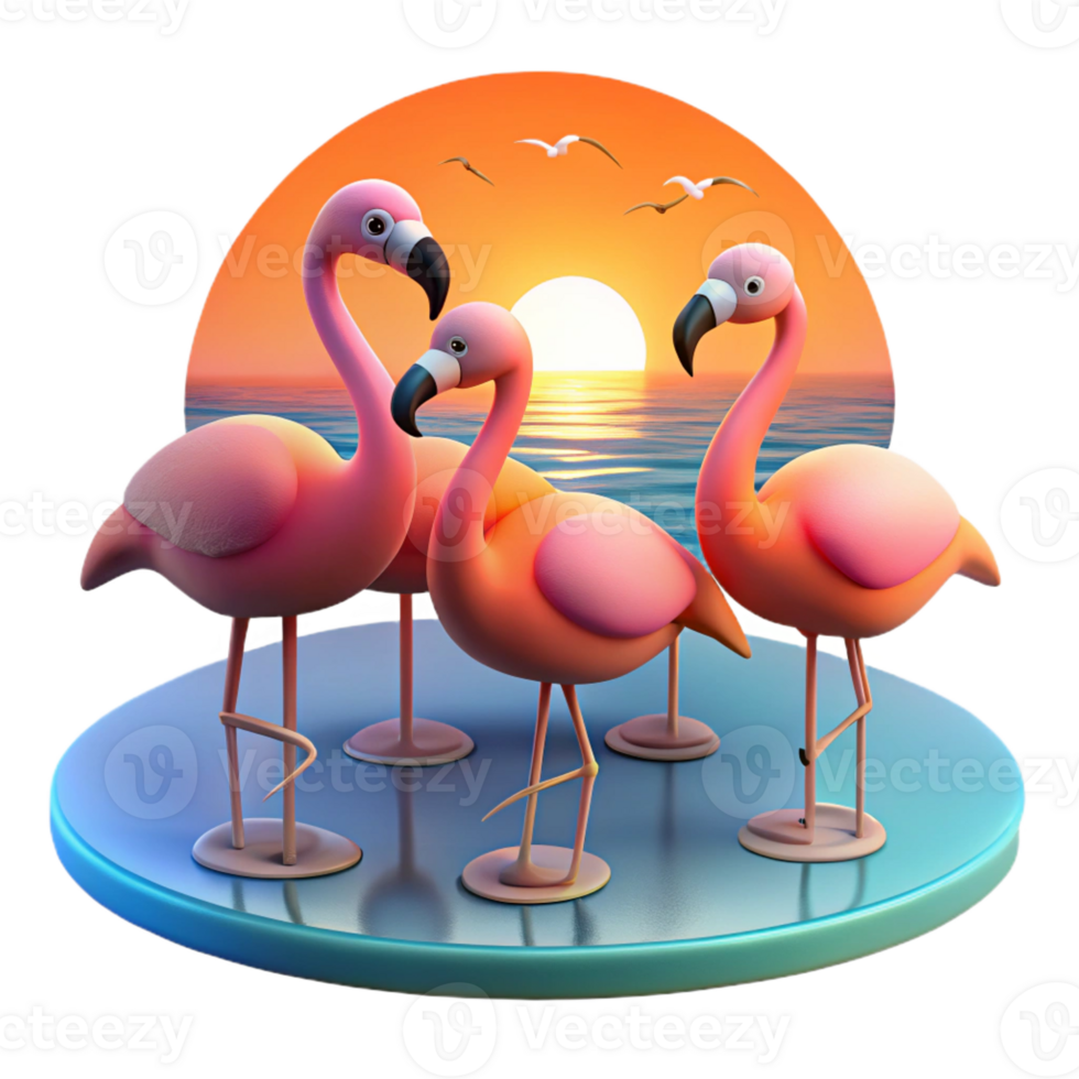 magnificent modern A group of flamingos standing in a shallow lake, reflecting the vibrant colors of the sunset. Art style serene detailed png