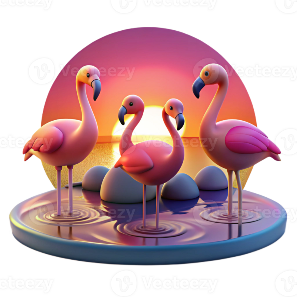 beautiful classic A group of flamingos standing in a shallow lake, reflecting the vibrant colors of the sunset. Art style serene authentic png