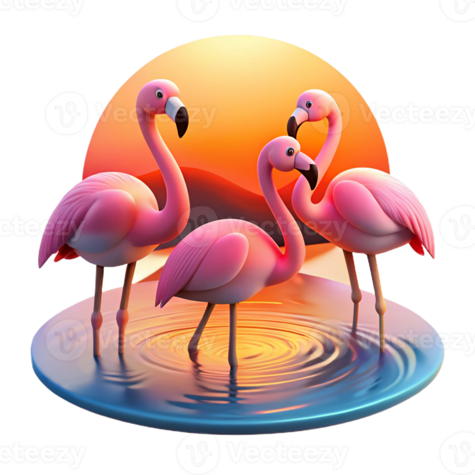 extraordinary minimalist A group of flamingos standing in a shallow lake, reflecting the vibrant colors of the sunset. Art style serene authentic png