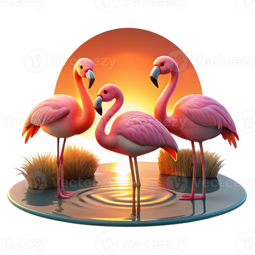wonderful traditional A group of flamingos standing in a shallow lake, reflecting the vibrant colors of the sunset. Art style serene original png