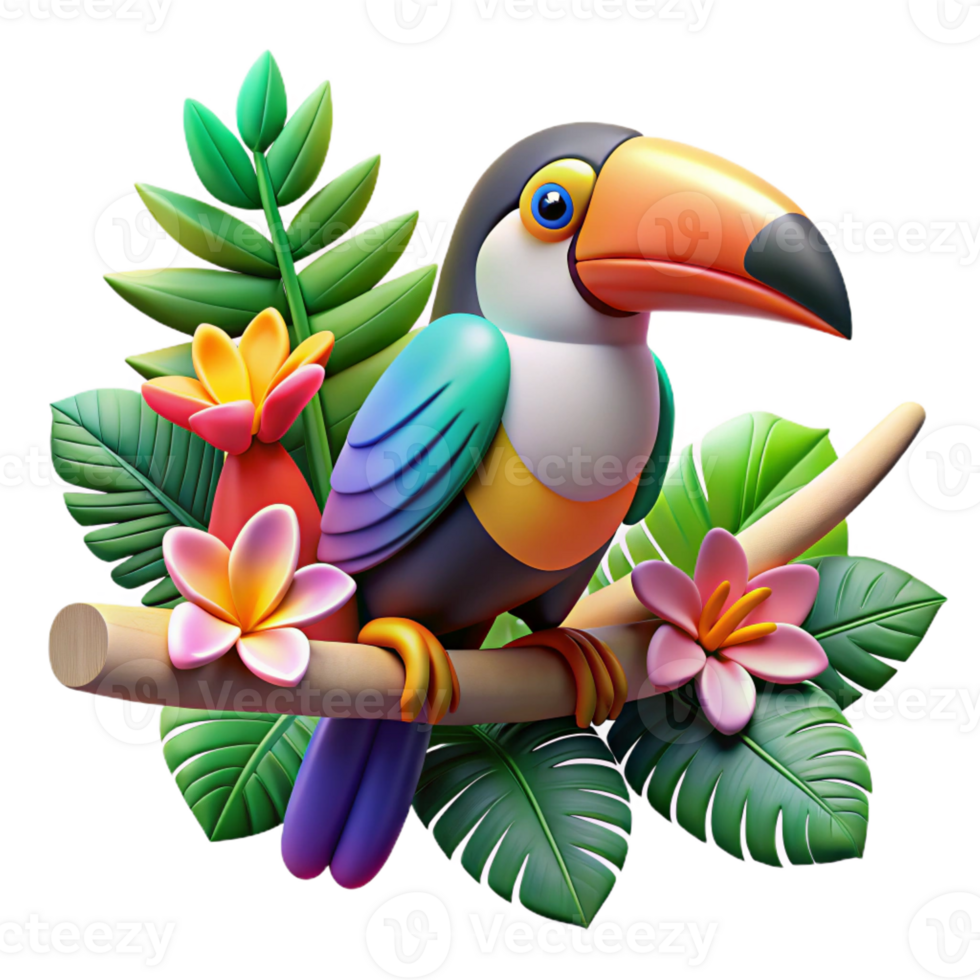 elegant abstract A colorful toucan perched on a branch, surrounded by exotic flowers. Art style tropical authentic png