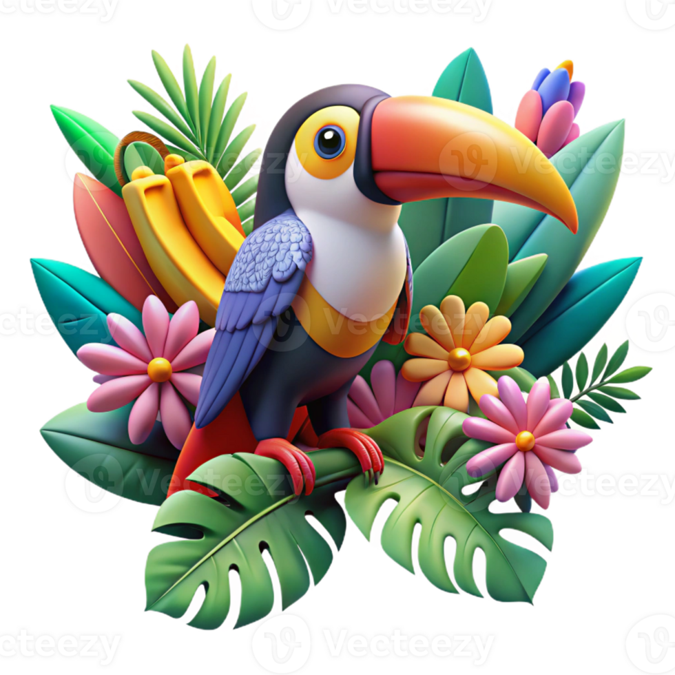 elegant contemporary A colorful toucan perched on a branch, surrounded by exotic flowers. Art style tropical original png