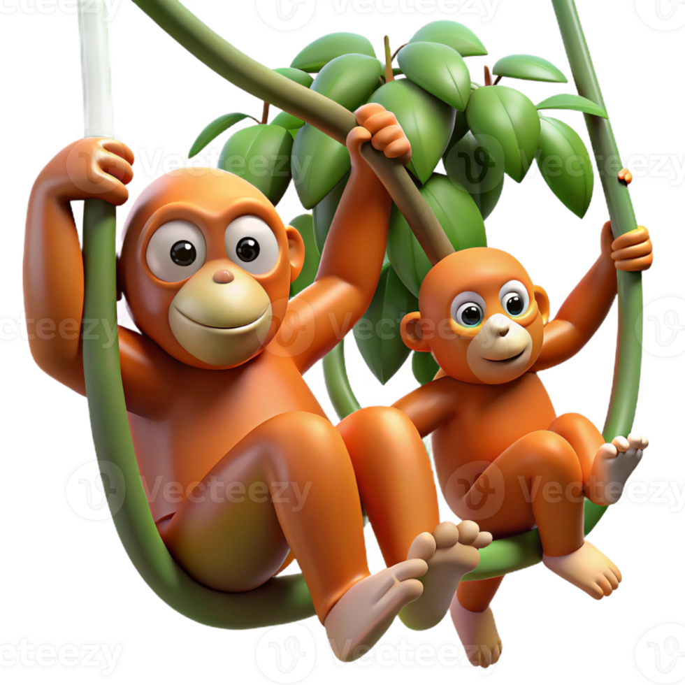 magnificent minimalist A family of orangutans swinging through the trees, with a backdrop of lush green jungle. Art style adventurous high resolution png