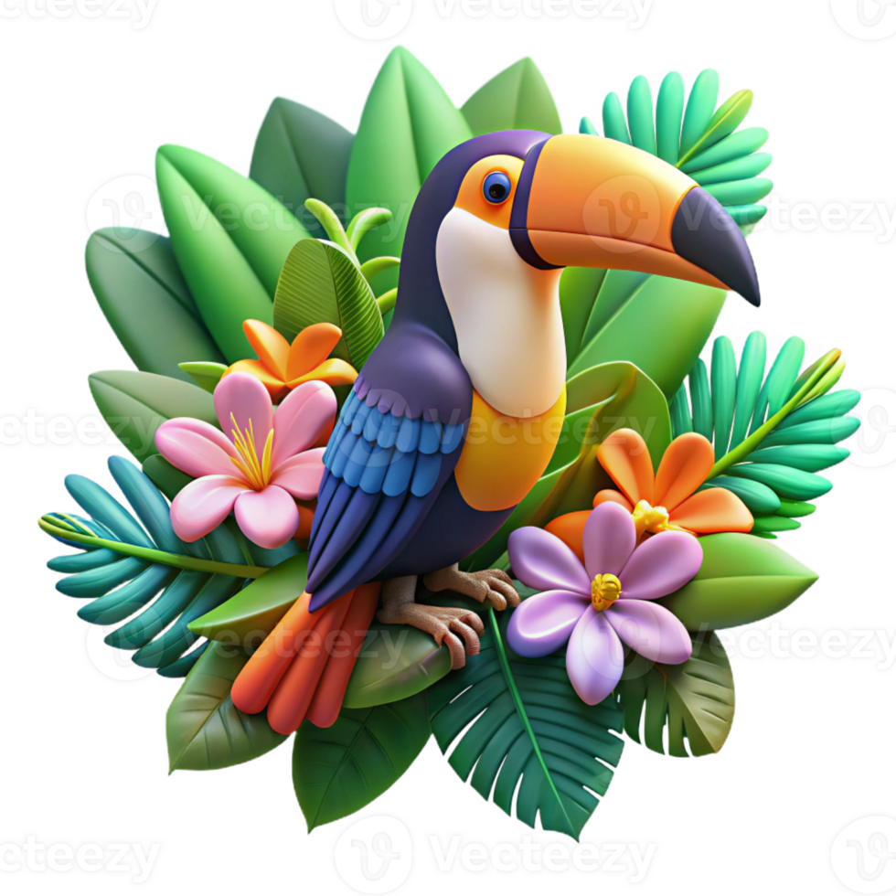 wonderful modern A colorful toucan perched on a branch, surrounded by exotic flowers. Art style tropical high quality png