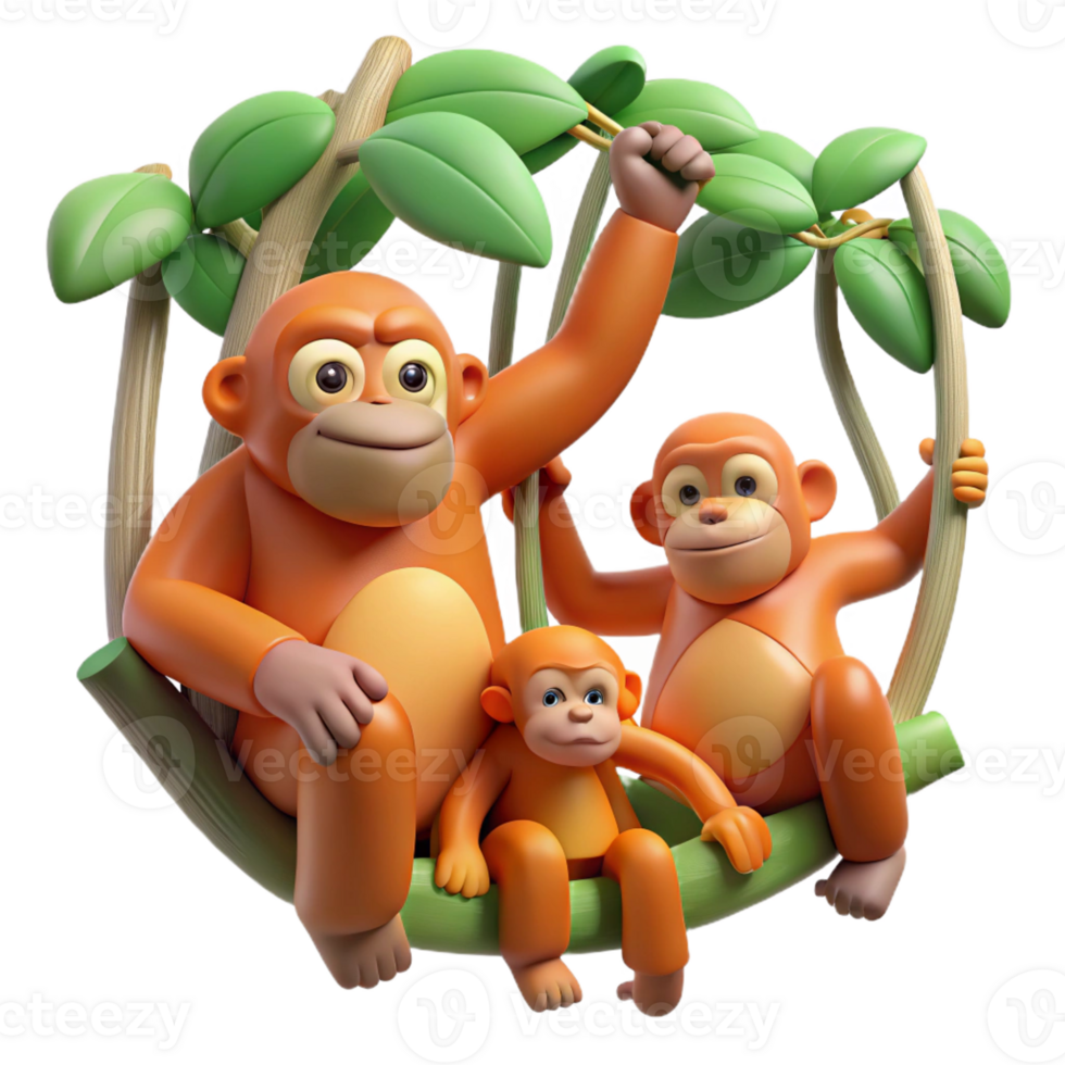 extraordinary rustic A family of orangutans swinging through the trees, with a backdrop of lush green jungle. Art style adventurous 4K png