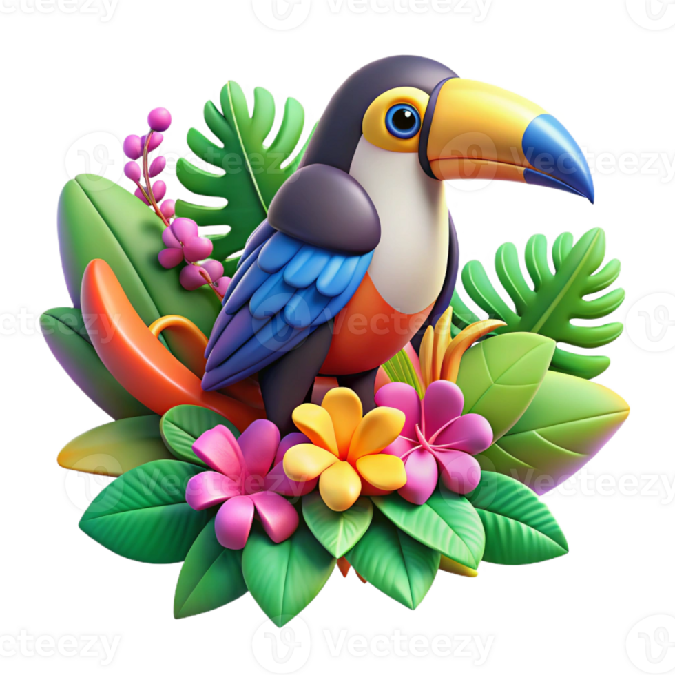 stunning minimalist A colorful toucan perched on a branch, surrounded by exotic flowers. Art style tropical professional png
