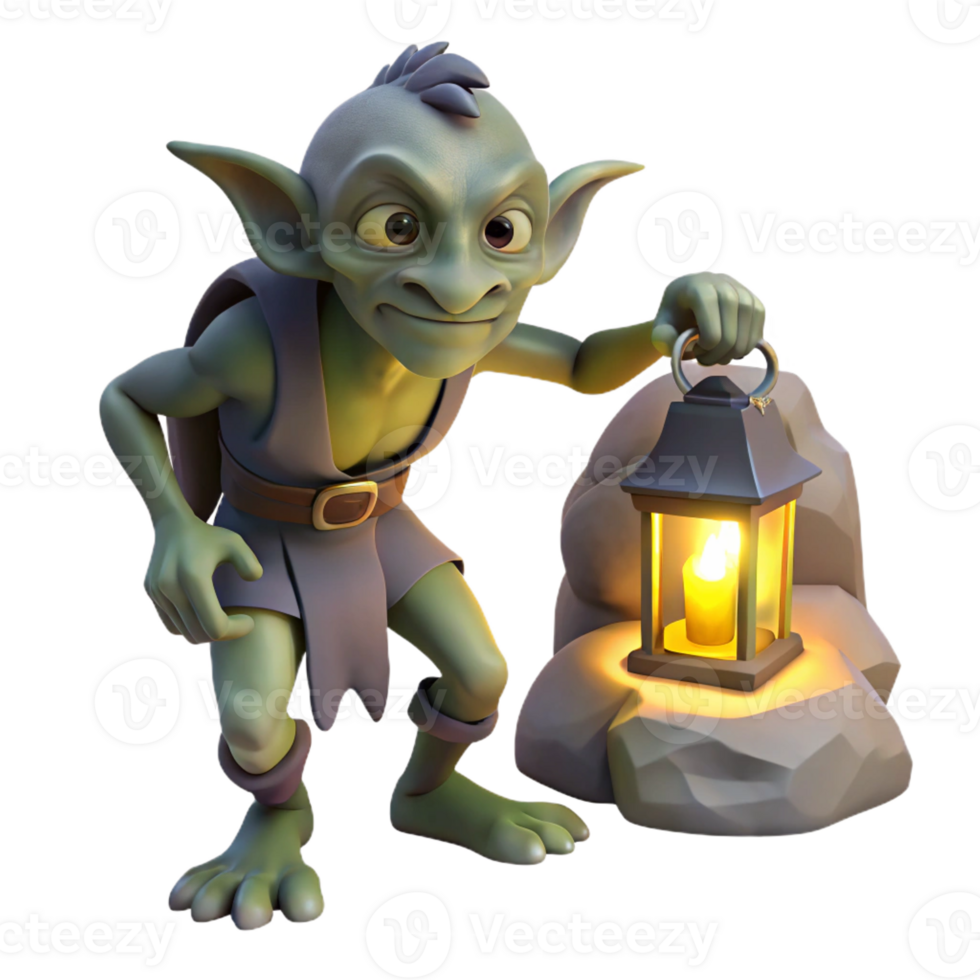stunning contemporary A mischievous goblin scavenging for treasure in a dimly lit cave, illuminated by the flickering light of a lantern. Dark fantasy style premium png