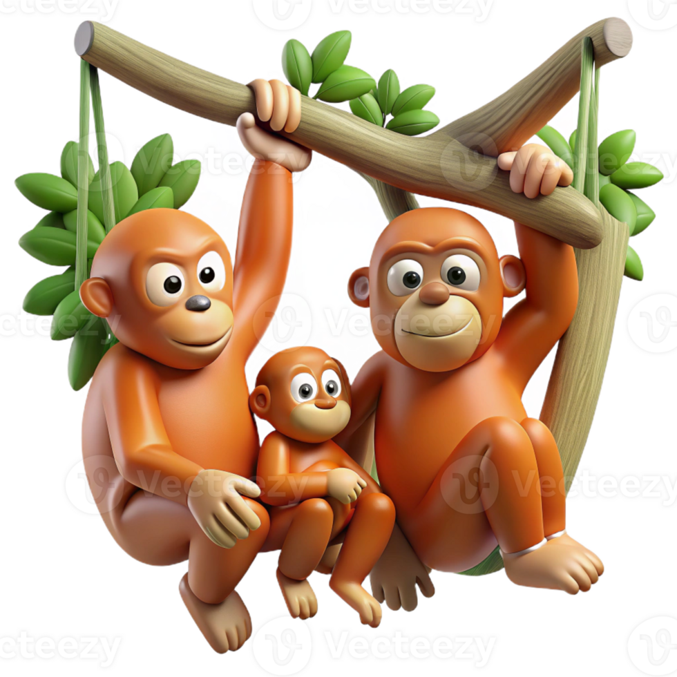 extraordinary classic A family of orangutans swinging through the trees, with a backdrop of lush green jungle. Art style adventurous high quality png