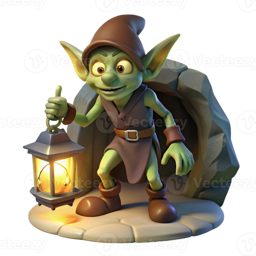 stunning vintage A mischievous goblin scavenging for treasure in a dimly lit cave, illuminated by the flickering light of a lantern. Dark fantasy style original png