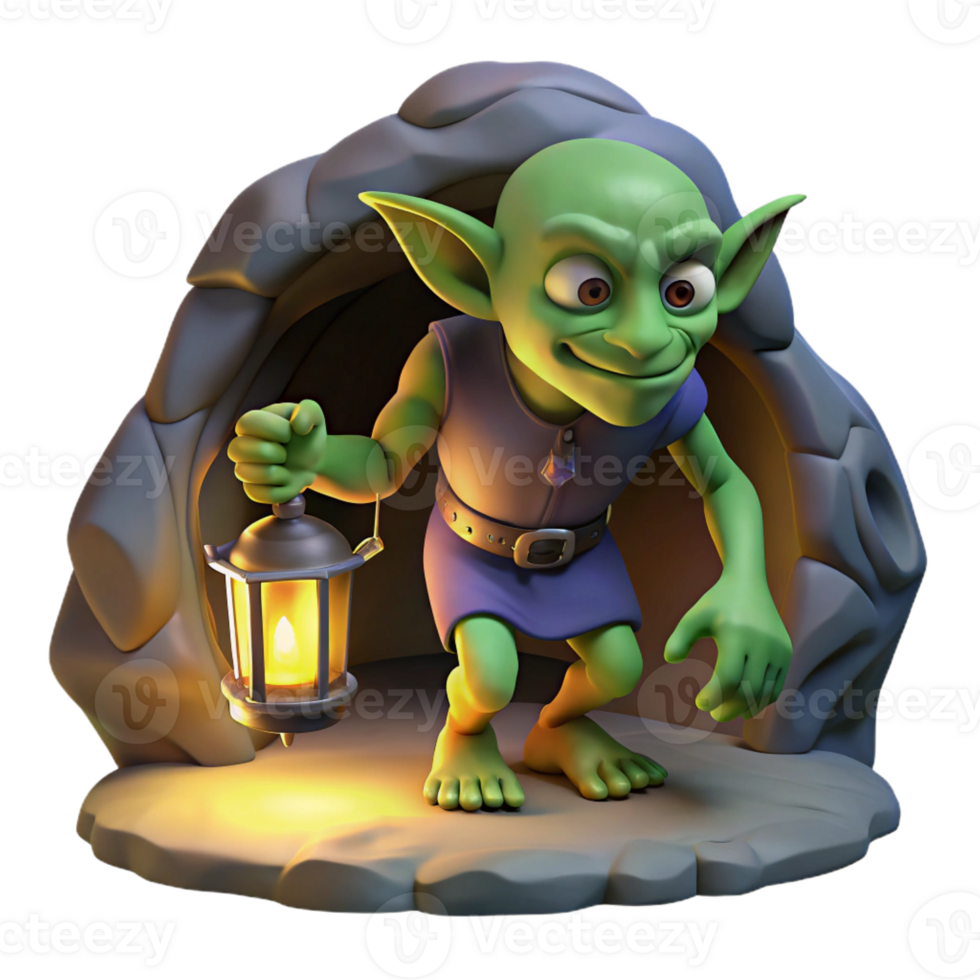 dramatic artistic A mischievous goblin scavenging for treasure in a dimly lit cave, illuminated by the flickering light of a lantern. Dark fantasy style genuine png