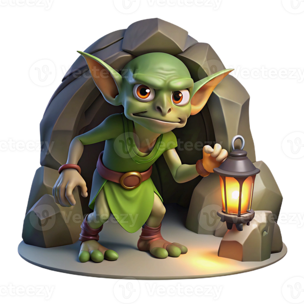 magnificent vintage A mischievous goblin scavenging for treasure in a dimly lit cave, illuminated by the flickering light of a lantern. Dark fantasy style exclusive png