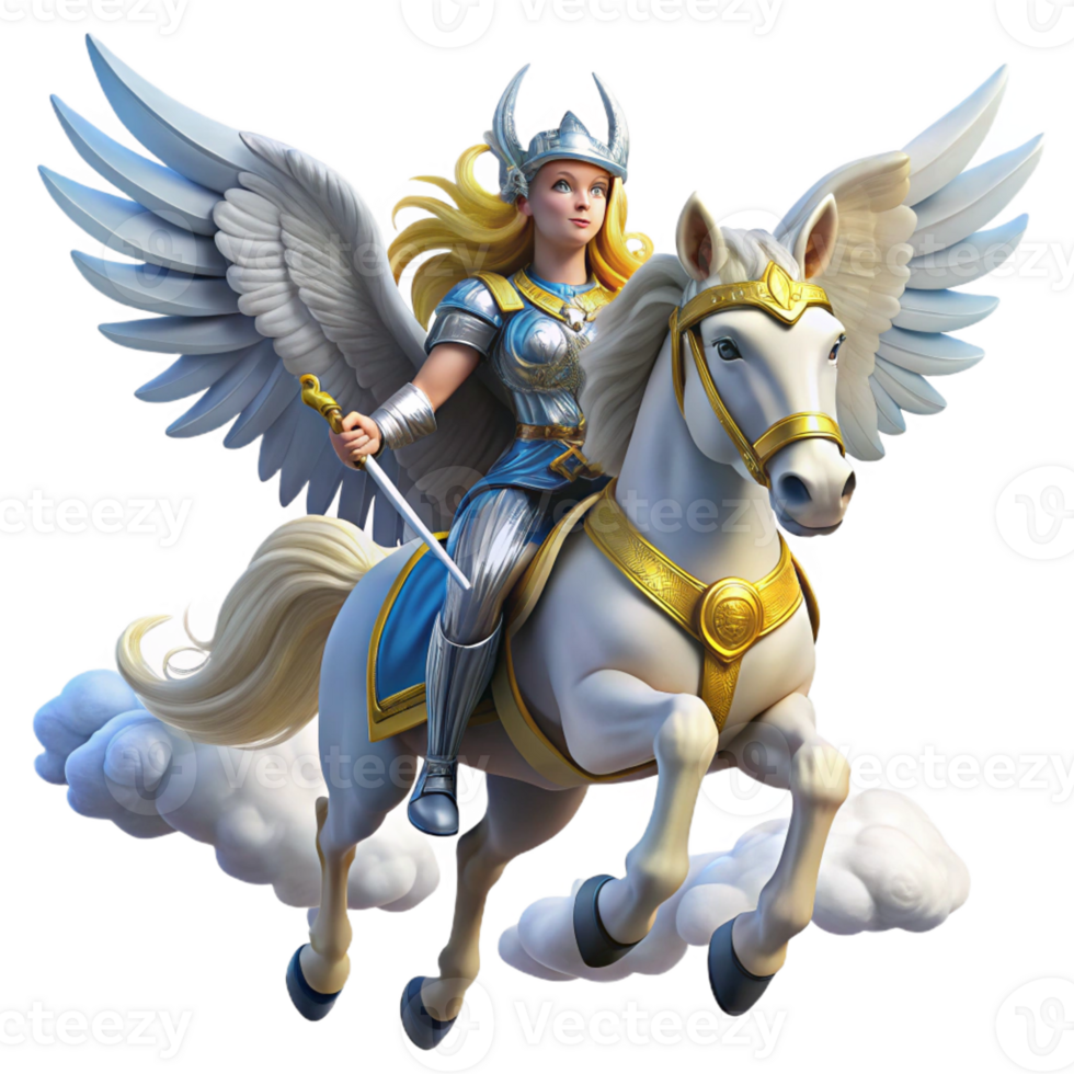 wonderful modern A beautiful Valkyrie, her armor gleaming in the sunlight, riding a winged horse through a stormy sky. Norse mythology style genuine png